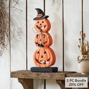Stacked Wooden Jack O Lantern 14.25in Tall Rustic Farmhouse Halloween Fall Decor (2 Piece Bundle)