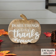 Fall Autumn Thanksgiving Rustic Wooden Pumpkin Tabletop Decor with In All Things Give Thanks Sentiment 5.75x6.5x1.25 Inch (2 Piece Bundle)