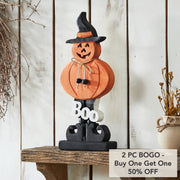 Boo Wooden Jack O Lantern Halloween Fall Seasonal Decor Rustic Carved Wood Tabletop Accent 15.5 H x 7.25 W x 2 D (2 Piece Buy One, Get One Free Bundle)