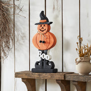 Boo Wooden Jack O Lantern Halloween Fall Seasonal Decor Rustic Carved Wood Tabletop Accent 15.5 H x 7.25 W x 2 D (2 Piece Buy One, Get One Free Bundle)