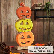 Halloween Jack O Lantern Stacked Wood Tabletop Decor, Rustic Fall Pumpkin Figurine 16.75in (2 Piece Buy One, Get One Free Bundle)