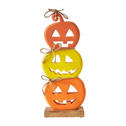Halloween Jack O Lantern Stacked Wood Tabletop Decor, Rustic Fall Pumpkin Figurine 16.75in (2 Piece Buy One, Get One Free Bundle)