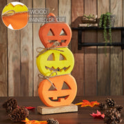 Halloween Jack O Lantern Stacked Wood Tabletop Decor, Rustic Fall Pumpkin Figurine 16.75in (2 Piece Buy One, Get One Free Bundle)