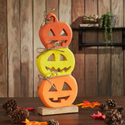 Halloween Jack O Lantern Stacked Wood Tabletop Decor, Rustic Fall Pumpkin Figurine 16.75in (2 Piece Buy One, Get One Free Bundle)