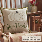Fall Thanksgiving Harvest Applique Pumpkin Give Thanks Decorative Throw Pillow 12x12 Autumn Seasonal Home Accent Cushion (2 Piece Buy One, Get One Free Bundle)