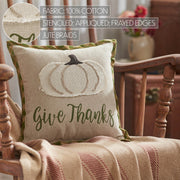 Fall Thanksgiving Harvest Applique Pumpkin Give Thanks Decorative Throw Pillow 12x12 Autumn Seasonal Home Accent Cushion (2 Piece Buy One, Get One Free Bundle)