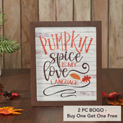 Farmhouse Shiplap Wood Wall Sign Pumpkin Spice Is My Language Autumn Fall Decor Plaque Rustic Home Accent Art 12x10 (2 Piece Buy One, Get One Free Bundle)