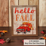 Farmhouse Shiplap Hello Fall Red Truck Wall Sign Autumn Harvest Rustic Home Decor 13x11 (2 Piece Buy One, Get One Free Bundle)