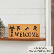 Primitive Rustic Welcome Wall Decor Sign Mustard Saltbox House, Raven & StarsAccent 7x16 Inch (2 Piece Buy One, Get One Free Bundle)