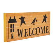 Primitive Rustic Welcome Wall Decor Sign Mustard Saltbox House, Raven & StarsAccent 7x16 Inch (2 Piece Buy One, Get One Free Bundle)
