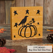 Prim Stars Primitive Halloween Pumpkin RavenSign 5x5 Mustard Fall Tabletop Home Decor (2 Piece Buy One, Get One Free Bundle)