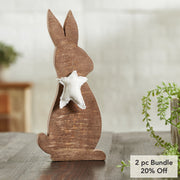 Wooden Bunny with Prim Burlap Star 13x6x1.5 (2PC Bundle)