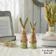 Bunny Hop Skinny Wooden Bunny Duo - Green Enamel Finish - Rustic Spring Easter Shelf Sitter Set - Set of 2 Sizes (4PC Bundle)