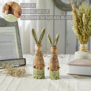 Bunny Hop Skinny Wooden Bunny Duo - Green Enamel Finish - Rustic Spring Easter Shelf Sitter Set - Set of 2 Sizes (4PC Bundle)