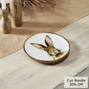 Bunny Hop Decorative Wooden Plate with White Bunny Motif - Rustic Farmhouse Spring Accent - 8.5 Diameter (2PC Bundle)