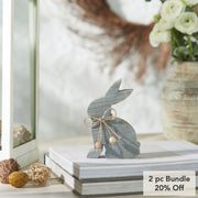 Bunny Hop Grey Wooden Sitting Bunny with Natural Bead Collar - Rustic Farmhouse Easter Decor - 6x3.75x1 (2PC Bundle)