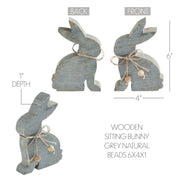 Bunny Hop Grey Wooden Sitting Bunny with Natural Bead Collar - Rustic Farmhouse Easter Decor - 6x3.75x1 (2PC Bundle)