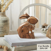Bunny Hop Natural Wooden Sitting Bunny with Pearl Bead Collar - Rustic Farmhouse Easter Shelf Sitter - 6x7.25x1.5 (2PC Bundle)