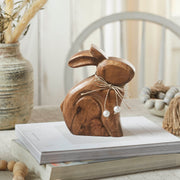 Bunny Hop Natural Wooden Sitting Bunny with Pearl Bead Collar - Rustic Farmhouse Easter Shelf Sitter - 6x7.25x1.5 (2PC Bundle)