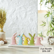 Bunny Hop Rustic Wooden Bunny Silhouette Shelf Sitter - Set of 5 Connected Easter Rabbits - Distressed White Spring Decor - 4.75x12x2 (2PC Bundle)