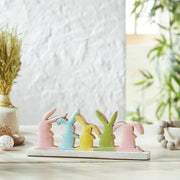 Bunny Hop Rustic Wooden Bunny Silhouette Shelf Sitter - Set of 5 Connected Easter Rabbits - Distressed White Spring Decor - 4.75x12x2 (2PC Bundle)