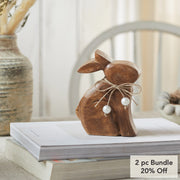 Bunny Hop Small Natural Wooden Sitting Bunny with Pearl Bead Collar - Rustic Farmhouse Easter Shelf Decor - 4.25x5.5x1.5 (2PC Bundle)
