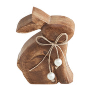 Bunny Hop Small Natural Wooden Sitting Bunny with Pearl Bead Collar - Rustic Farmhouse Easter Shelf Decor - 4.25x5.5x1.5 (2PC Bundle)