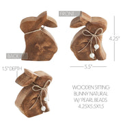 Bunny Hop Small Natural Wooden Sitting Bunny with Pearl Bead Collar - Rustic Farmhouse Easter Shelf Decor - 4.25x5.5x1.5 (2PC Bundle)
