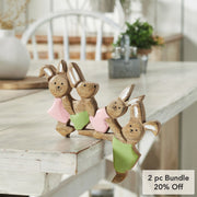Bunny Hop Wooden Bunny Playtime Foursome - Natural Mango Wood Rustic Easter Decor - Freestanding Shelf Sitter - 7x9.5x1 (2PC Bundle)