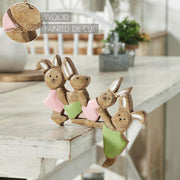 Bunny Hop Wooden Bunny Playtime Foursome - Natural Mango Wood Rustic Easter Decor - Freestanding Shelf Sitter - 7x9.5x1 (2PC Bundle)