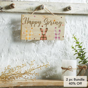 Bunny Hop Happy Spring 3 Bunnies In CheckWall Sign w/ Twine 5x9x0.75 (2PC Bundle)