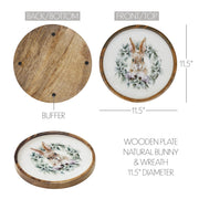 Bunny Hop Wooden Plate Natural w/ Bunny & Wreath 11.5 inch Diameter (2PC Bundle)