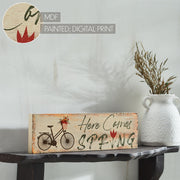 Spring In Bloom Here Comes Spring w/ Bicycle & TulipWall Sign 4x14x0.75 (2PC Bundle)