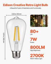 6 Pack Edison Bulbs LED, ST19 Vintage Edison Light Bulbs, 7W Dimmable 800 Lumens, 2700K Warm White, E26 Base LED Filament Bulb, Antique Glass Style for Home, Bedroom, Office, Farmhouse