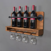 4 Bottle Rustic Farmhouse Wall Mounted Wine Rack with Glass Holder
