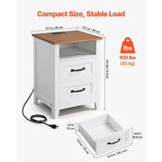 Farmhouse Nightstands, with Charging Station, Set of 2, End Tables with 2 Drawers and Open Shelf, Bedside Storage Cabinets, Rustic Side Tables with USB Port, for Bedroom, Living Room, White