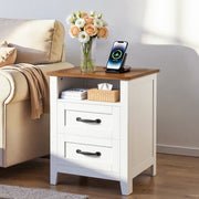 Farmhouse Nightstands, with Charging Station, Set of 2, End Tables with 2 Drawers and Open Shelf, Bedside Storage Cabinets, Rustic Side Tables with USB Port, for Bedroom, Living Room, White