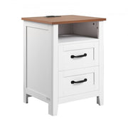 Farmhouse Nightstands, with Charging Station, Set of 2, End Tables with 2 Drawers and Open Shelf, Bedside Storage Cabinets, Rustic Side Tables with USB Port, for Bedroom, Living Room, White
