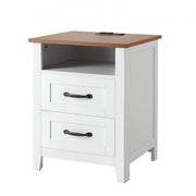 Farmhouse Nightstands, with Charging Station, Set of 2, End Tables with 2 Drawers and Open Shelf, Bedside Storage Cabinets, Rustic Side Tables with USB Port, for Bedroom, Living Room, White
