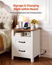 Farmhouse Nightstand, with Charging Station, End Table with 2 Drawers and Open Shelf, Bedside Storage Cabinet, Rustic Side Table with USB Port and AC Outlets, for Bedroom, Living Room, White