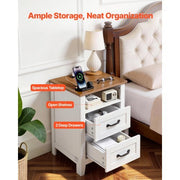 Farmhouse Nightstand, with Charging Station, End Table with 2 Drawers and Open Shelf, Bedside Storage Cabinet, Rustic Side Table with USB Port and AC Outlets, for Bedroom, Living Room, White