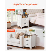 Farmhouse Nightstand, with Charging Station, End Table with 2 Drawers and Open Shelf, Bedside Storage Cabinet, Rustic Side Table with USB Port and AC Outlets, for Bedroom, Living Room, White