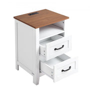 Farmhouse Nightstand, with Charging Station, End Table with 2 Drawers and Open Shelf, Bedside Storage Cabinet, Rustic Side Table with USB Port and AC Outlets, for Bedroom, Living Room, White
