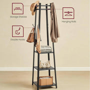 Modern Farmhouse Black Metal Coat Rack Entryway Hall Tree with Grey Wood Shelves