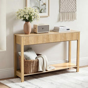 47 in Console Table, Farmhouse Desk Behind the Couch with Drawers and Bottom Storage Shelf, Wooden Rectangle Entrance Narrow Sofa Table for Hallway, Bedroom, Living Room, Foyer, Burlywood