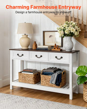 47 in Console Table, Farmhouse Desk Behind the Couch with Drawers and Bottom Storage Shelf, Wooden Rectangle Entrance Narrow Sofa Table for Hallway, Bedroom, Living Room, Foyer, Brown + White