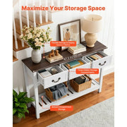 47 in Console Table, Farmhouse Desk Behind the Couch with Drawers and Bottom Storage Shelf, Wooden Rectangle Entrance Narrow Sofa Table for Hallway, Bedroom, Living Room, Foyer, Brown + White