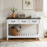47 in Console Table, Farmhouse Desk Behind the Couch with Drawers and Bottom Storage Shelf, Wooden Rectangle Entrance Narrow Sofa Table for Hallway, Bedroom, Living Room, Foyer, Brown + White
