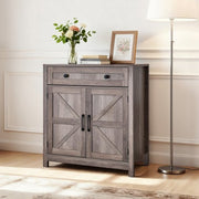 Coffee Bar Cabinet, Farmhouse Coffee Bar Table with Drawer, Buffet Stand Cabinet with 2 Barn Doors, Sideboard Buffet Station for Living Room, Entryway, Kitchen, 29.5 x 14.7 x 31.5 in, Grey