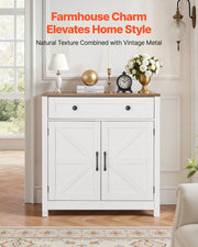 Coffee Bar Cabinet, Farmhouse Coffee Bar Table with Drawer, Buffet Stand Cabinet with 2 Barn Door, Sideboard Buffet Station for Living Room, Entryway, Kitchen, 29.5 x 14.7 x 31.5 in, White